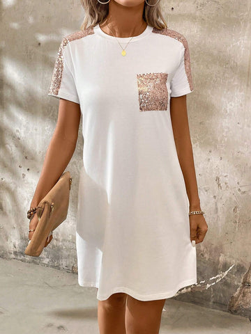 Women's Summer Short-Sleeve Dress With Beaded Pockets And Inserted Shoulders, Round Neck A-