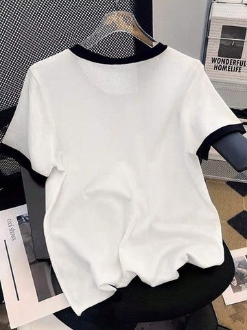 LUNE Women's Summer Short Sleeve Casual T-Shirt With 3D Flower Decoration