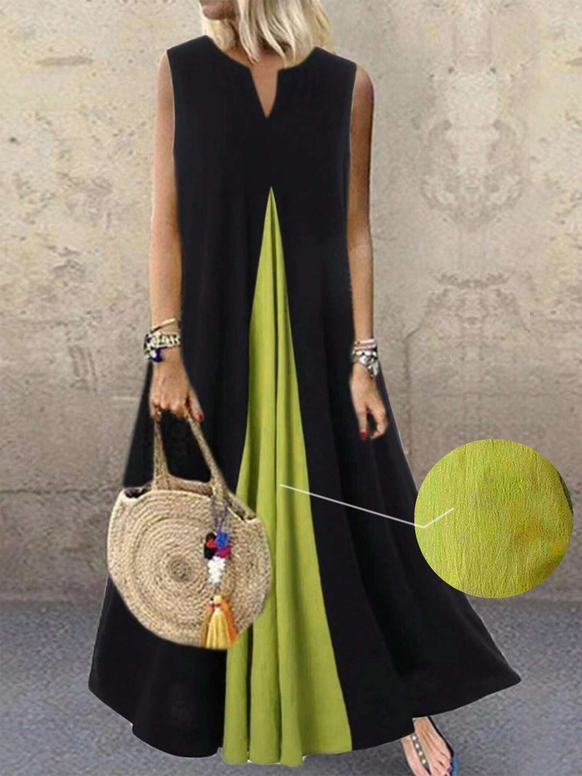 Women's Summer Sleeveless Casual Patchwork Color Block Dress With V-Neckline