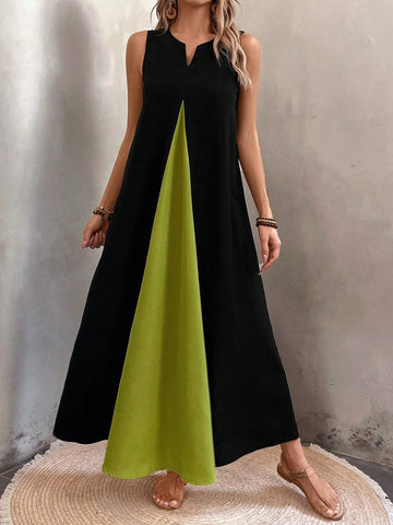 Women's Summer Sleeveless Casual Patchwork Color Block Dress With V-Neckline