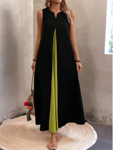 Women's Summer Sleeveless Casual Patchwork Color Block Dress With V-Neckline