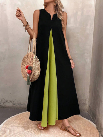Women's Summer Sleeveless Casual Patchwork Color Block Dress With V-Neckline