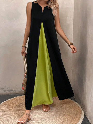 Women's Summer Sleeveless Casual Patchwork Color Block Dress With V-Neckline