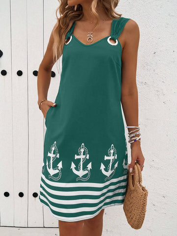 Women's Summer Sleeveless Dress With Anchor Print, Pocket, And Circular Decoration