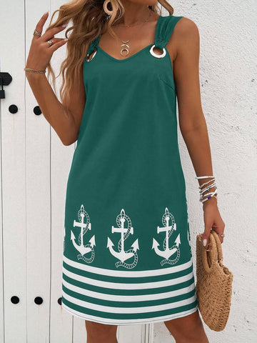 Women's Summer Sleeveless Dress With Anchor Print, Pocket, And Circular Decoration