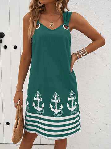 Women's Summer Sleeveless Dress With Anchor Print, Pocket, And Circular Decoration