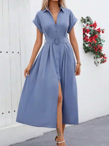 Women's Summer Solid Color Batwing Short Sleeve Split Hem Maxi Elegant Dress