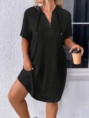 Women's Summer Solid Color Batwing Sleeve Half Zip Up Hooded Casual Dress