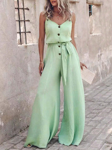 Women's Summer Solid Color Button Half-Placket Wide Leg Loose Casual Jumpsuit