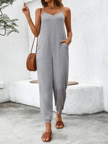 Women's Summer Solid Color Criss-Cross Thread Strap Jumpsuit With Double Pockets