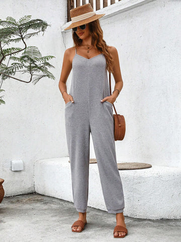 Women's Summer Solid Color Criss-Cross Thread Strap Jumpsuit With Double Pockets