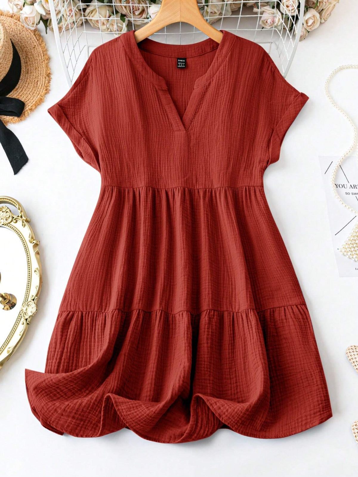 Women's Summer Solid Color Notched V-Neck Batwing Short Sleeve Loose Babydoll Dress