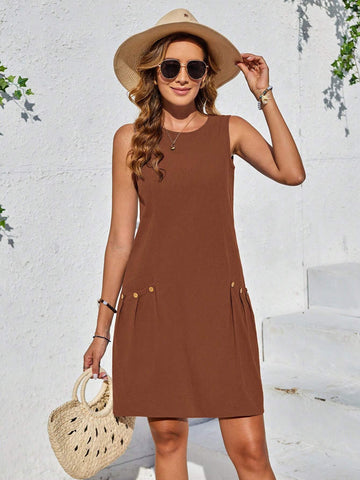 Women's Summer Solid Color Round Neck Pleated Button Design Casual Vest Dress