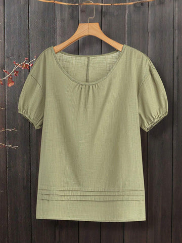 LUNE Women's Summer Solid Color Round Neck Short Puff Sleeve Loose Casual Shirt