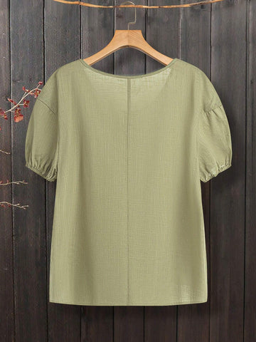 LUNE Women's Summer Solid Color Round Neck Short Puff Sleeve Loose Casual Shirt