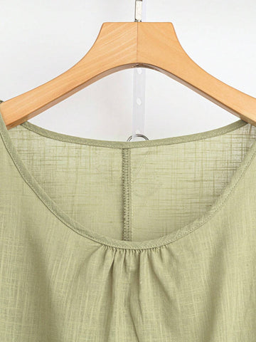 LUNE Women's Summer Solid Color Round Neck Short Puff Sleeve Loose Casual Shirt