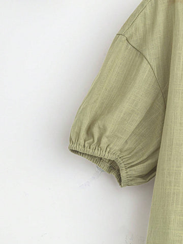 LUNE Women's Summer Solid Color Round Neck Short Puff Sleeve Loose Casual Shirt