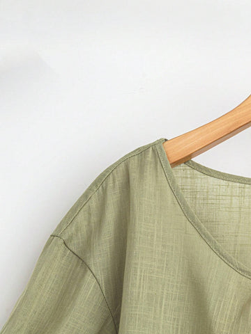 LUNE Women's Summer Solid Color Round Neck Short Puff Sleeve Loose Casual Shirt