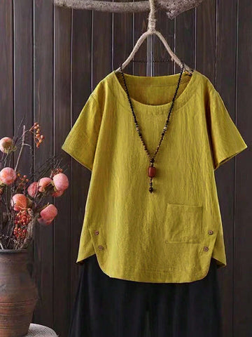 LUNE Women's Summer Solid Color Short Sleeve Round Neck Shirt With Side Split