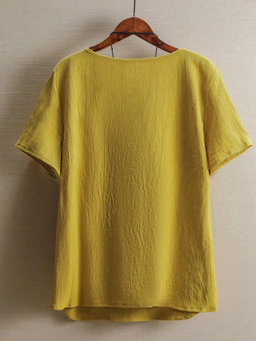 LUNE Women's Summer Solid Color Short Sleeve Round Neck Shirt With Side Split