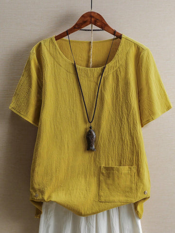 LUNE Women's Summer Solid Color Short Sleeve Round Neck Shirt With Side Split