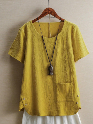 LUNE Women's Summer Solid Color Short Sleeve Round Neck Shirt With Side Split