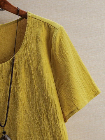 LUNE Women's Summer Solid Color Short Sleeve Round Neck Shirt With Side Split