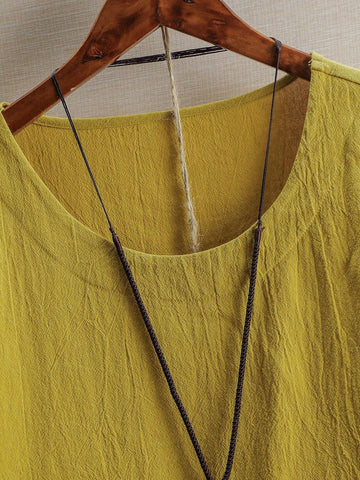 LUNE Women's Summer Solid Color Short Sleeve Round Neck Shirt With Side Split