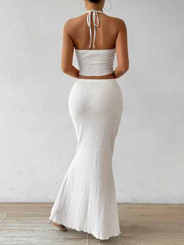 Women's Summer Solid Color Twist Front Halter Neck Crop Top And Fish Tail Midi Skirt Elegant Two-Piece Set