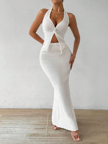 Women's Summer Solid Color Twist Front Halter Neck Crop Top And Fish Tail Midi Skirt Elegant Two-Piece Set