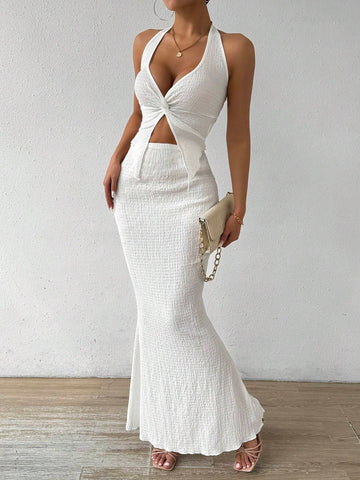 Women's Summer Solid Color Twist Front Halter Neck Crop Top And Fish Tail Midi Skirt Elegant Two-Piece Set