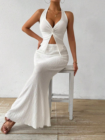 Women's Summer Solid Color Twist Front Halter Neck Crop Top And Fish Tail Midi Skirt Elegant Two-Piece Set