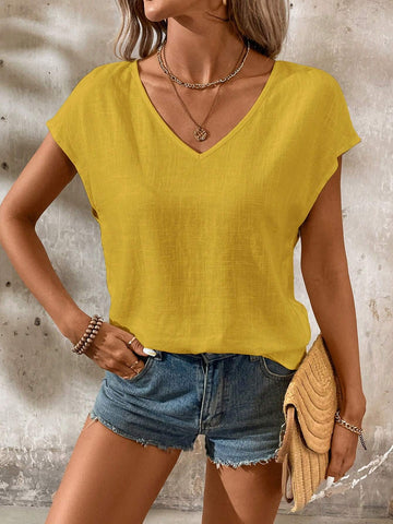 LUNE Women's Summer Solid V-Neck Raglan Short Sleeve Casual Shirt