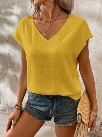 LUNE Women's Summer Solid V-Neck Raglan Short Sleeve Casual Shirt