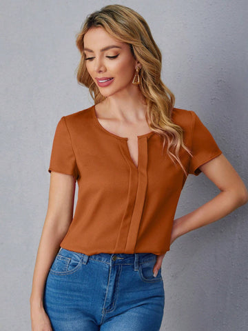LUNE Women's Summer Solid V-Neck Short Sleeve Casual Woven Blouse
