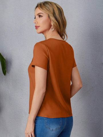 LUNE Women's Summer Solid V-Neck Short Sleeve Casual Woven Blouse