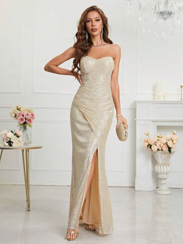 Women's Summer Strapless Pleated High Slit Sequin Formal Evening Dress