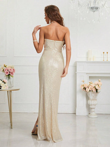Women's Summer Strapless Pleated High Slit Sequin Formal Evening Dress