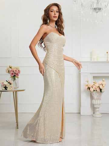 Women's Summer Strapless Pleated High Slit Sequin Formal Evening Dress