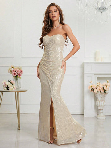 Women's Summer Strapless Pleated High Slit Sequin Formal Evening Dress