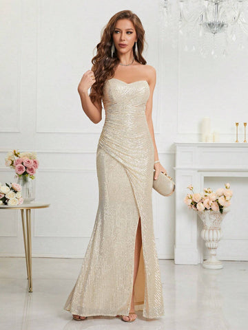 Women's Summer Strapless Pleated High Slit Sequin Formal Evening Dress
