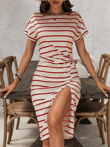 Women's Summer Striped And Printed Casual Vacation Dress With Round Neck, Drop Shoulder,