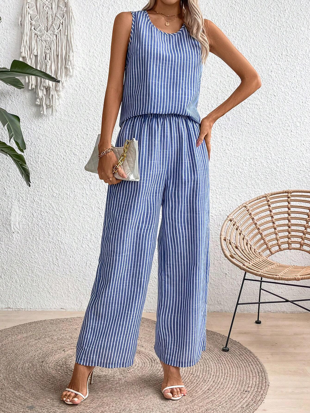 Women's Summer Striped Printed Round Neck Top And Wide Leg Pants Casual Casual 2pcs Outfit