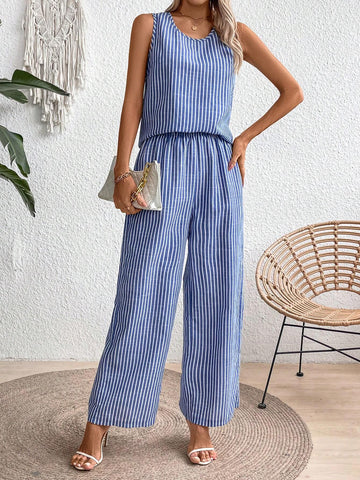 Women's Summer Striped Printed Round Neck Top And Wide Leg Pants Casual Casual 2pcs Outfit