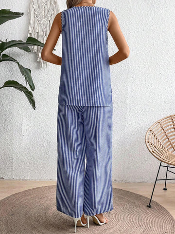 Women's Summer Striped Printed Round Neck Top And Wide Leg Pants Casual Casual 2pcs Outfit