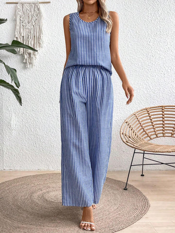 Women's Summer Striped Printed Round Neck Top And Wide Leg Pants Casual Casual 2pcs Outfit