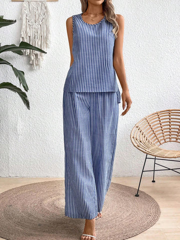 Women's Summer Striped Printed Round Neck Top And Wide Leg Pants Casual Casual 2pcs Outfit
