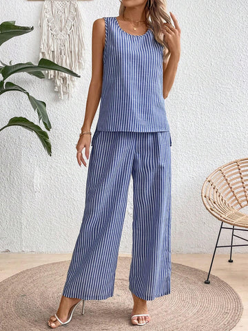 Women's Summer Striped Printed Round Neck Top And Wide Leg Pants Casual Casual 2pcs Outfit
