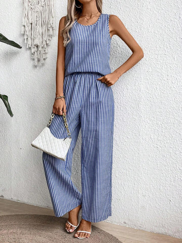 Women's Summer Striped Printed Round Neck Top And Wide Leg Pants Casual Casual 2pcs Outfit