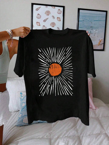 LUNE Women's Summer Sunflower Printed Round Neck Short Sleeve Casual T-Shirt